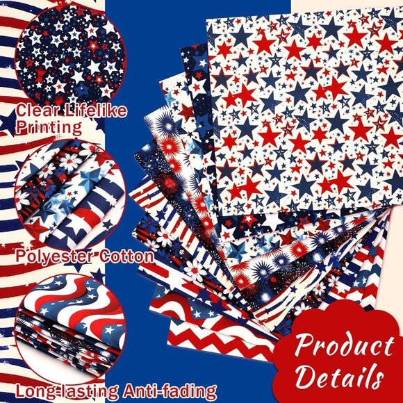 10 Pcs Patriotic Quilting Fabric Squares Bundle, Red White Blue 20x20 Inches for - Picture 4 of 6